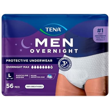 Tena Men Protective Incontinence Underwear Overnight Max Absorbency, L, 56 Count (Waist Size 34in-44in)