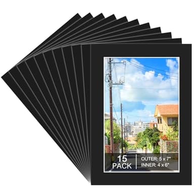 Prudiut 15 Pack 5x7 Black Picture Mats, Frame Mattes for 4x6 Pictures Display Photo Frame Mat Core Bevel Cut Mat Board Show Kit for Photos, Prints, Artworks