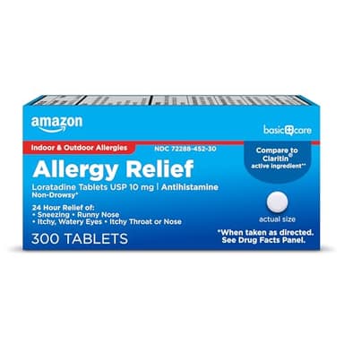 Amazon Basic Care Allergy Relief Loratadine Tablets 10 mg, 24-Hour Non-Drowsy Antihistamine for Runny Nose, Sneezing, Itchy Eyes, 300 Count (Packaging may vary)