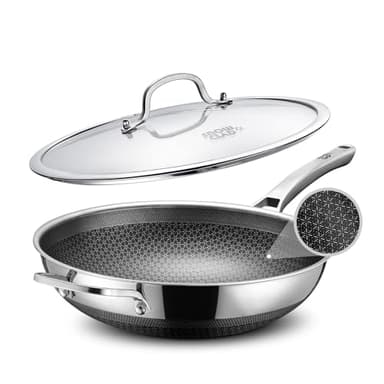 SNOWCLAD Wok, 13 Inch Hybrid Woks & Stir-fry Pans Nonstick, Non Toxic Stainless Steel Wok Pan with Lid, Dishwasher Induction Oven Broiler Safe, PFOA Free Cookware Non Stick