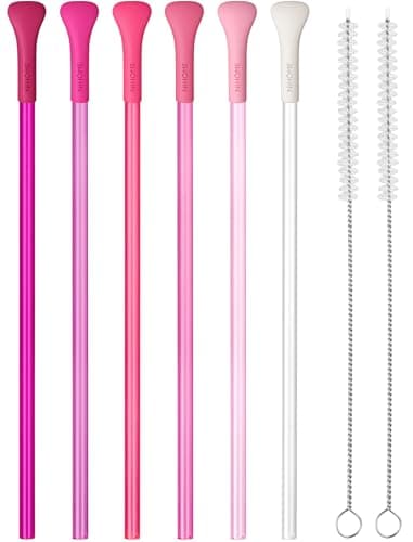 NiHome 6PCS Anti Wrinkle Straws with Silicone Widen Flat Tip Drinking Plastic Straw, Fit for Stanley 30 oz 40 oz Tumbler, Reusable Wrinkle Free Plastic Long Straw, 2 Brushes, BPA-free (Pink Series)