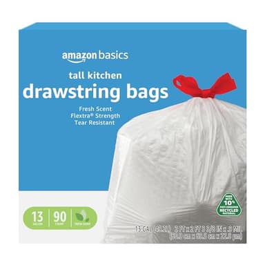 Amazon Basics 13 Gallon Tall Kitchen Drawstring Trash Bags, Flextra Strength, Tear Resistant, Puncture Resistant, 10% Post Consumer Recycled, 90 Count, White