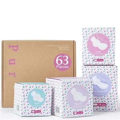 PurComfy Teens First Period Starter Kit for Girls 9-10-11-12-14 63pcs Period Pads for Tweens Teens, Menstrual Pad Box for Girls Period Kit for School, 4 Essential Size fit for Tween Period Underwear