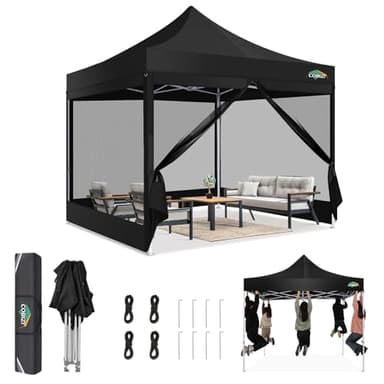 COBIZI Canopy Tent 10x10 Heavy Duty, Pop Up Gazebo with Netting Screened,Waterproof Ez up Canopy with Sidewalls, Outdoor Instant Screen House Tent for Camping,Backyard, Wedding, Birthday,Black