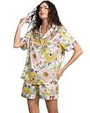 YiNi LuLu Womens Silk Satin Shorts Pajamas Set Button Down 2 Piece Pjs Short Sleeve Oversized Sleepwear with Pockets