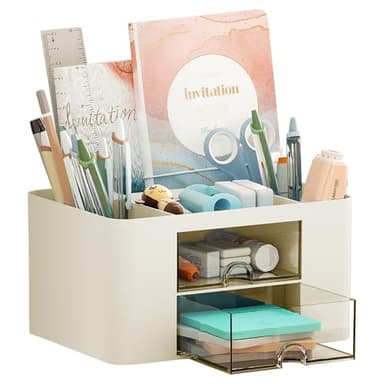 Marbrasse Pen Organizer with 2 Drawer, Multi-Functional Pencil Holder for Desk, Desk Organizers and Accessories with 5 Compartments + Drawer for Office Art Supplies (Beige)