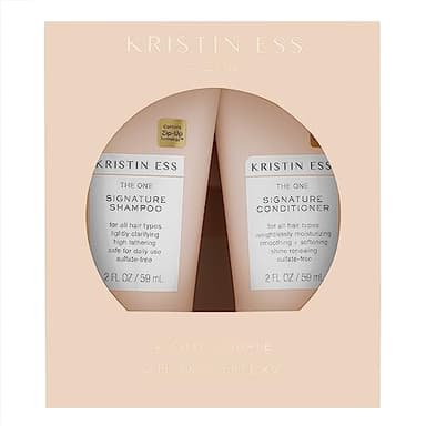 Kristin Ess Signature Travel Size Salon Shampoo + Conditioner Set for Moisture, Softness + Shine - Anti Frizz + Lightly Clarifying - Sulfate Free, Vegan + Safe for Color Treated Hair - Mini Travel Set