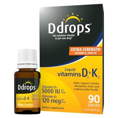 Ddrops Extra Strength 5000 IU Vitamin D3 + K2 90 Drops - Liquid Vitamin D3 & K2 (MK7) Supplement. Supporting Strong Bones, Immune System and Cardiovascular Health.