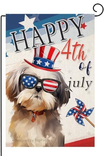TopPacific Shih Tzu Funny Flags Dog Garden Flags 12x18 Double Sided, Happy 4th of July Outdoor Flag, American Flag with Loyal Cute Spectacled Dog, Independence Day Decorations(8121)