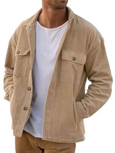 PLEPAN Mens Corduroy Shacket Button Down Work Jackets Lightweight Casual Long Sleeve Shirt Jacket Fall Overshirt with Pockets Khaki Large