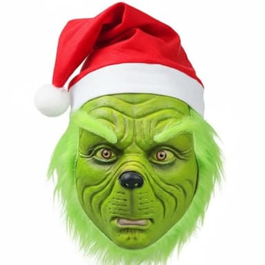 casapre GreenMonster Mask with Santa Hat, Green Christmas Character Costume Accessory for Adults (Green Face Mask)