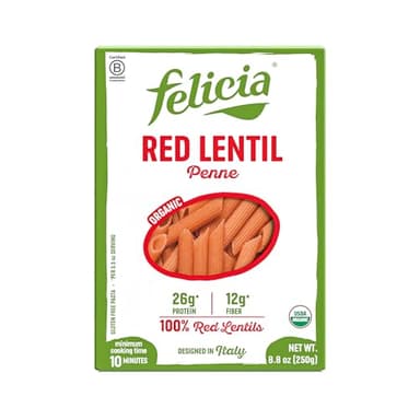 Felicia Gluten Free Pasta, Red Lentil Penne, 26G Protein per Serving, Organic High Protein and Fiber Noodles, Designed in Italy, Plant Based, Made From 100% Lentils, Non GMO, 8.8 Oz, 6 Boxes