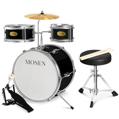 MOSEN Drum Set 3-Piece Beginner Drum Set Junior Drum Kit with Adjustable Throne, Cymbal, Pedal & Drumsticks Drums with Bass Tom Snare Drum - Black