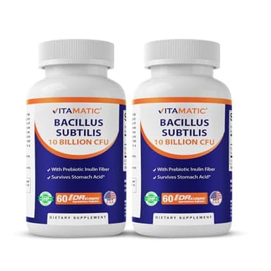 Vitamatic Bacillus Subtilis 10 Billion per DR Capsule - 60 Count - Digestive, Gut & Immune Health Support - Made with Prebiotic Inulin Fiber-2 Pack