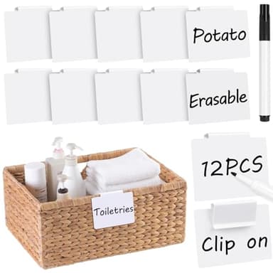 Utron 12pcs White Basket Labels, 3.5x2.7 Clip On PVC Labels with Pen for Storage Bins, Removable Label Holders, Regular