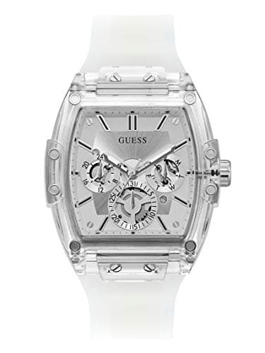 GUESS Men Stainless Steel Quartz Watch with Plastic Strap, White, 24 (Model: GW0203G1), Clear/Silver/Clear