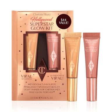 Charlotte Tilbury Hollywood Superstar Glow Makeup Kit - Limited-Edition Mini Beauty Light Wand Duo in Pinkgasm & Spotlight - Dewy Highlighter & Blush with Glow Gel Technology