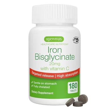 Igennus Clean Iron Bisglycinate 20mg, Vitamin C, 6 Month Supply, Gentle Chelated High Absorption Formula & Targeted Release Ferrous Bisglycinate for Women and Men, One Daily, Vegan, 180 Tablets
