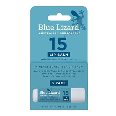 BLUE LIZARD Mineral SPF 15 Lip Balm, 3-Pack: Broad Spectrum Sun Protection, Natural Coconut Flavor, 8 Natural Oils, Infused with Australian Kakadu Plum, Rich in Vitamin C, Vegan, Each Tube 0.13 oz.