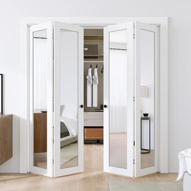 SMARTSTANDARD Bifold Doors, Mirror Closet Doors for 72''（18" x2） x 80" with Sliding Hardware Kit Set, Interior Bi Fold Door for Closet, Easy Install, MDF, White