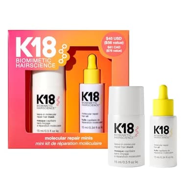 K18 Molecular Repair Minis Kit, Leave-In Molecular Hair Mask + Lightweight Repair Oil, Repairing Hair Duo to Strengthen + Smooth Frizz, Suitable for All Hair Types, Travel Size Kit