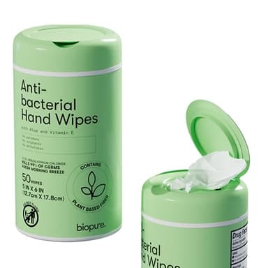 Biopure Antibacterial Hand Wipes Fresh Morning Breeze- Antibacterial Wipes with Aloe and Vitamin E Formula | 5"x7" Wet Wipes Canister | No Parabens, Sulfates or Phthalates, Kills 99% of Germs, 50 ct