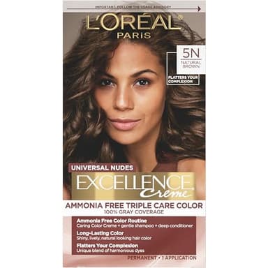 L’Oreal Paris Excellence Universal Nudes Permanent Hair Color, Ammonia Free Hair Dye for Gray Hair Coverage, 5N Natural Brown, 1 Hair Dye Kit