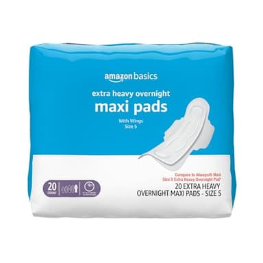 Amazon Basics Thick Maxi Pads with Wings for Periods, Extra Heavy Overnight Absorbency, Absorbent Core, Stay in Place Protection, Unscented, Size 5, 20 Count (Previously Solimo)
