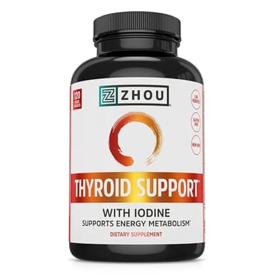 ZHOU Thyroid Support - Thyroid Supplement for Women & Men with Zinc, Iodine, & Selenium, Cellular Energy Thyroid Complex with Ashwagandha, Kelp - 120 Veggie Capsules (Pack of 1)