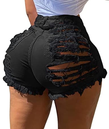 GOBLES Women's Summer Sexy High Waist Ripped Frayed Hem Denim Shorts with Pockets Black