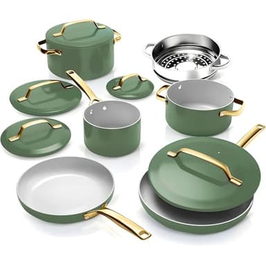 Gotham Steel Modern 11 Pc Ceramic Cookware Set, Elegantly Designed Pots and Pans Set Non Stick with Steamer, Induction Bottom, Premium Stay Cool Handles, Non Toxic PFOA Free, Oven & Dishwasher Safe