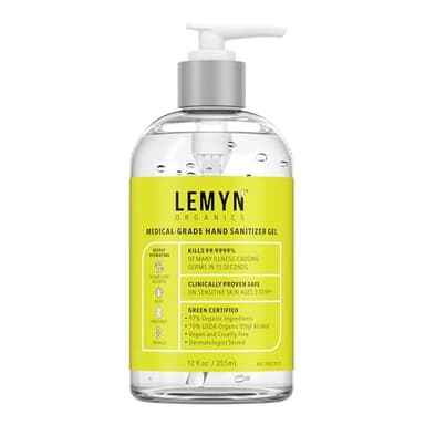 Lemyn Organics Medical‑Grade Hand Sanitizer Gel – 97 % Organic | 70 % USP Ethyl Alcohol | Moisturizing Aloe + Hyaluronic Acid | Freshly Made in USA | 12oz Bottle with Pump