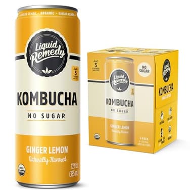Liquid Remedy Kombucha Sugar Free Organic Drink, Low Calorie, Probiotic Like Tea for Gut Health - Ginger Lemon - 12 Fl Oz Can, 4-Pack