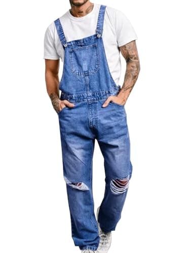 Runcati Men's Denim Bib Overall Ripped Jean Fashion Adjustable Strap Hippie Distressed Jumpsuit