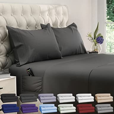 DREAMCARE Queen Size Sheets - Cooling Bed Sheets - 4pcs Set - up to 15" Deep Pocket Queen Sheet Set - Sheets Queen Size Bed - Soft & Long Lasting 100% Fine Brushed Polyester with Side Pocket - Grey