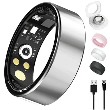 Oucscru Smart Ring for Women Men, Health Tracker with Heart Rate/Blood Oxygen/Blood Pressure/Sleep Monitoring/Step Counting, IP68 Waterproof Fitness Ring, No App Fees for iPhone & Android (Silver, 7#)
