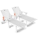 SUUNYN Lounge Chair Outdoor Set of 2, HDPE Chaise Lounge Outdoor with 6-Position & Wheels &Cup Holder, Pool Lounge Chair for Pool Poolside Deck Backyard Patio, White