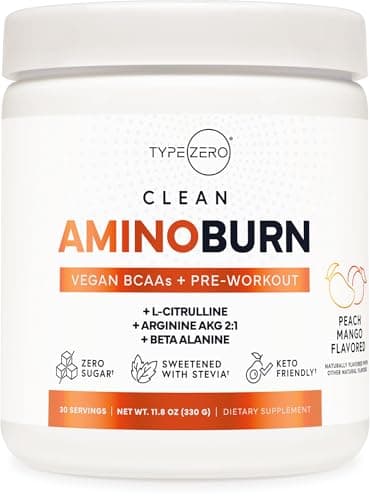 Type Zero AminoBurn - Natural Pre Workout + BCAA (Peach Mango | 30serv) Sugar Free BCAAs Amino Acids Supplement Keto and Amino Preworkout and Post Workout Drink