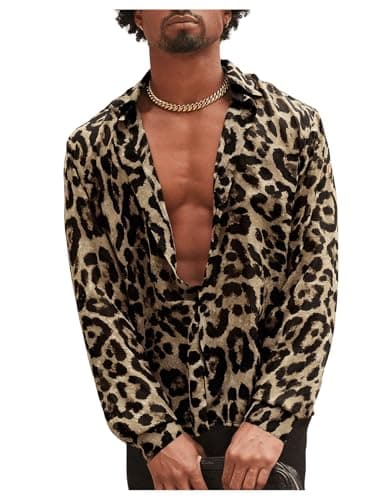 VIPWOLF Men's Leopard Button Down Shirts Cheetah Graphic Long Sleeve Hipster Cool Blouse Brown Leopard Large