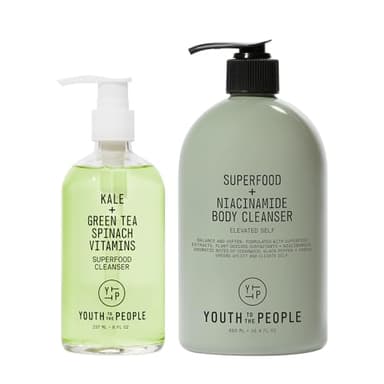 Youth To The People Superfood Cleanser Duo, Vegan Skincare Bundle Set for Face and Body, Kale + Green Tea Facial Cleanser (8 fl oz) + Body Wash (16.4 fl oz)