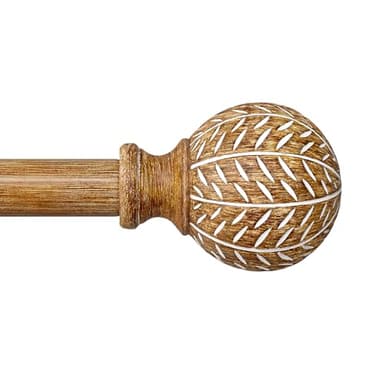 QDWIS Wood Curtain Rods for Windows 48 to 84 Inch,1'' Diameter Drapery Rods with Imitation Wood Grain Leaf Pattern Finials,Boho Adjustable Heavy Duty Curtain Rods Set,36-88'',Color:Natural Wood