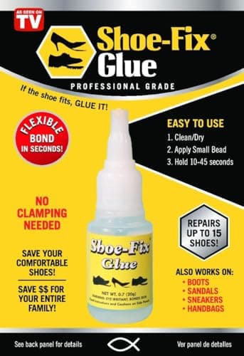 Shoe-Fix Glue Professional Grade Repair Adhesive for All Footwear Instant Bond, Clear Drying, Flexible, & Durable for Heels, Sandals, Boots, Athletic Shoes, & More (20g Tube)
