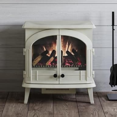 Modern Ember Harlowe Freestanding Electric Fireplace Stove Heater in Cream with Multi-Color Ember Bed | Smart Technology | Alexa/WiFi Enabled | 1500W | Indoor Portable Heater | Safety Shutoff