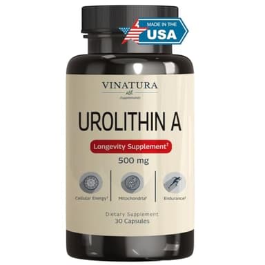 VINATURA Urolithin A Supplement 500mg - Urolithin A+ for Powerful Antioxidants, Anti Aging and Mitochondrial Support, 30 Capsules