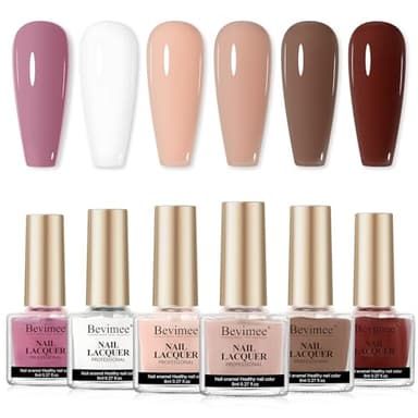 Bevimee Vegan Nail Polish Set: Air Quick Dry Nail Lacquer Milky White, Nude, Brown 6 Regular Colors Nail Art Polish Non Gel Fast Drying Fingernail Polish Bulk DIY Salon Gift for Women