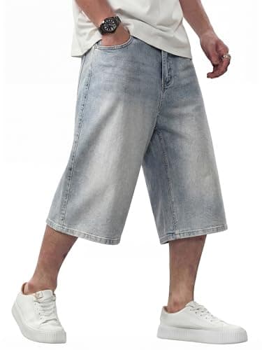 JMIERR Mens Baggy Jorts Casual Below Knee Loose Fit Denim Shorts Hip Hop Summer Washed Wide Leg Jeans for Men, Grey 42