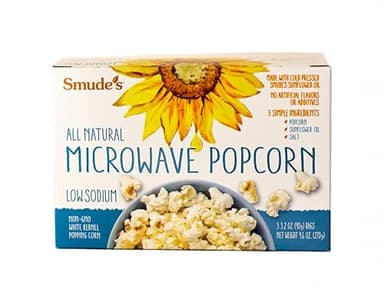 Smude's Brand All Natural Microwave Popcorn – Low Sodium | 3 Simple Ingredients – Popcorn, Smude’s Sunflower Oil, & Salt | Healthy Snack, Heart Healthy, Whole Grain | Gluten Free, Dairy Free, Non-GMO, Vegan, Kosher | PFAS-Free Bags | 1 box of 3 bags