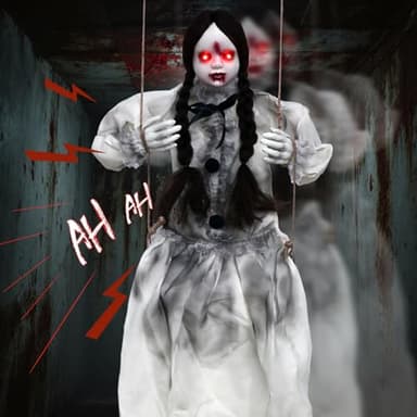 Scary Halloween Decorations Outdoor, Hanging Swinging Girl Ghost with Lighted Eyes and Creepy Sound, Sound Activated Scary Animatronic Doll Prop for Haunted House Yard Porch Halloween Party Decor