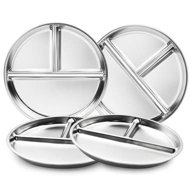 Bakpoco Stainless Steel Kids Plates Set of 4, 9" Portion Control Plates Divided Plate for Adults Toddlers Balance Lunch, Bariatric & Diabetic Diet, Non Toxic Camping Metal Snack Plate for Eating