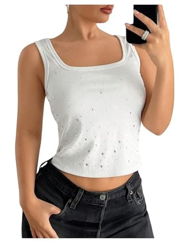 Verdusa Women's Rhinestone Tank Top Square Neck Crop Top Sleeveless Fitted Summer Shirts White Medium